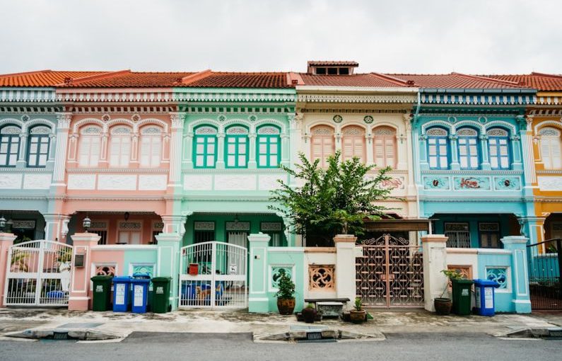 Colonial Map - a row of multicolored buildings with a tree in front of them